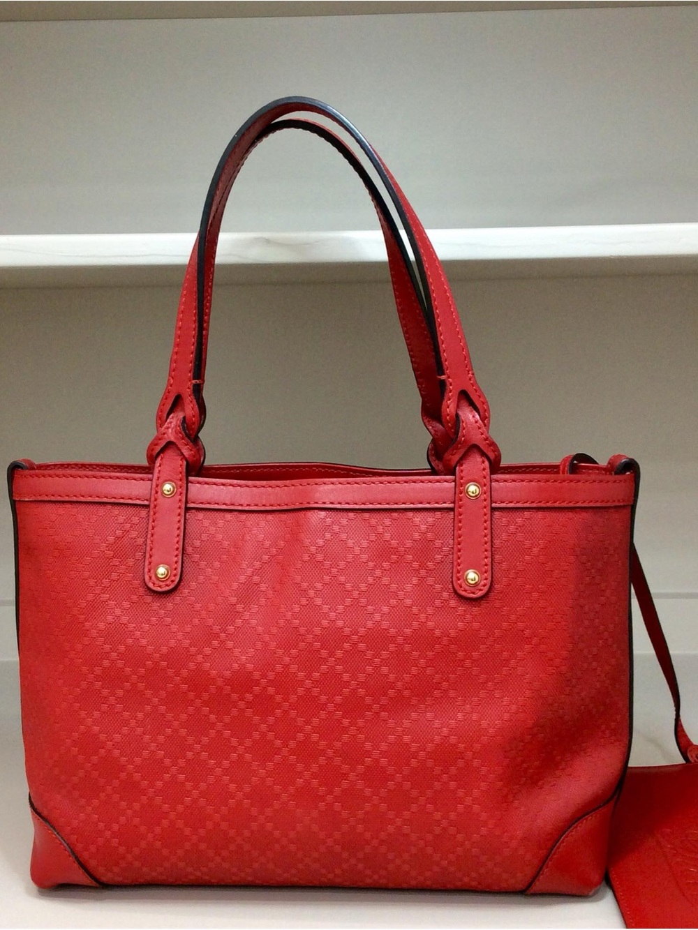 Authentic Gucci Small Diamante Craft Tote Canvas Leather with Pouch Red Bag - Picture 4 of 16